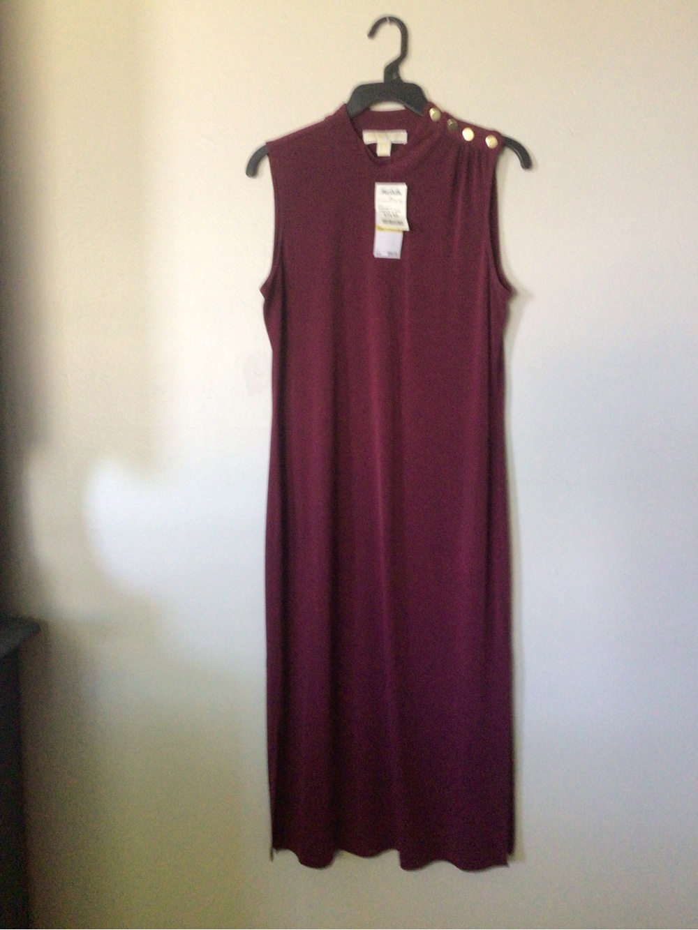Sleeveless Mock Neck Midi Dress with Gold Button Detail - Burgundy